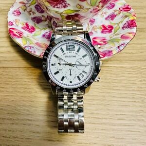 STEELTIME Chronograph Tachymeter Men's Watch Silver Tone‎ Stainless Steel Band